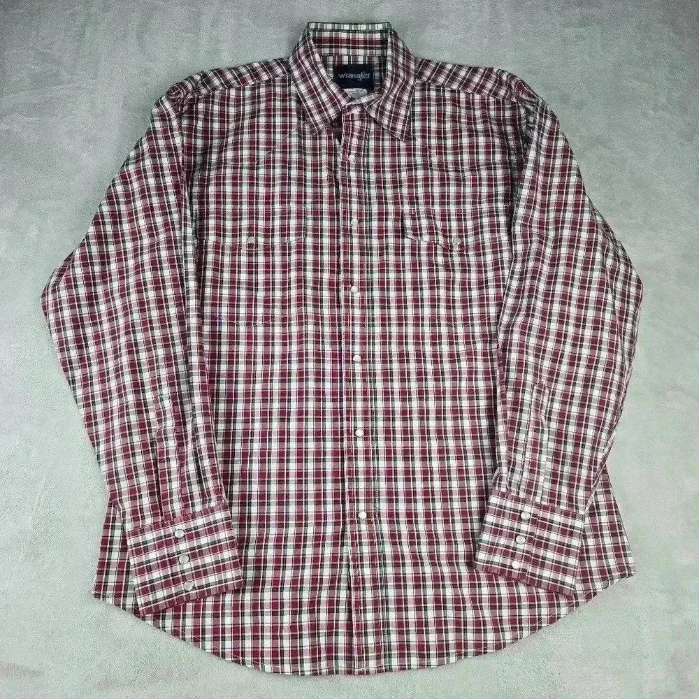 Wrangler Mens Pearl Snap Long Sleeve Red Green White  Plaid Sz L Western Cowboy